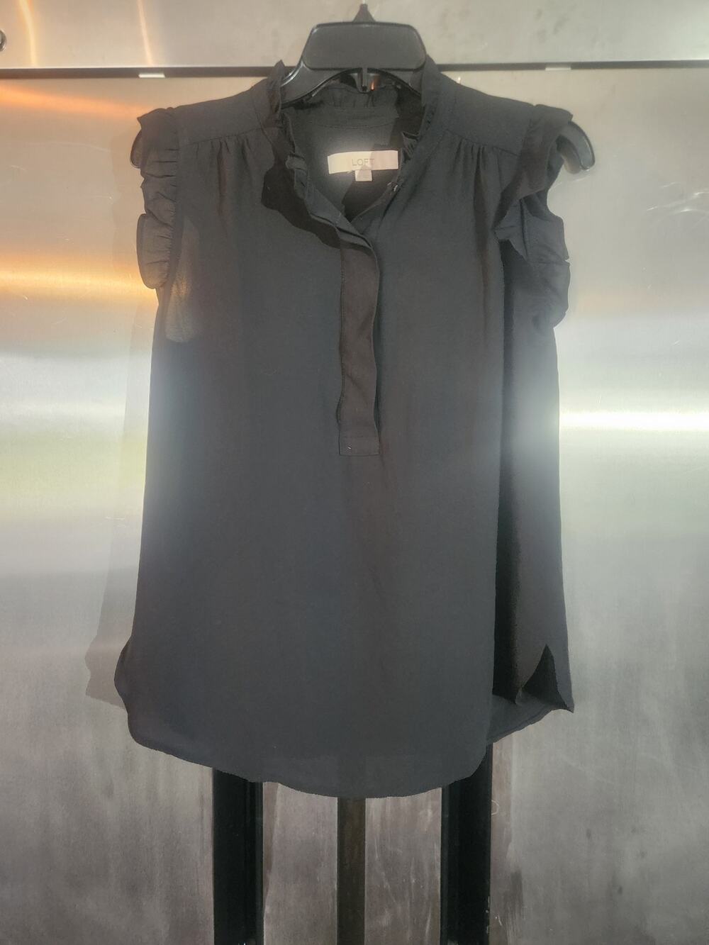 LOFT Black Ruffle Sleeve Popover Blouse Sleeveless Womens Size S